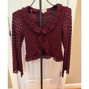 La Peche Burgundy rochet Lace Ruffle Tie Front Shrug Cardigan XS Coquette